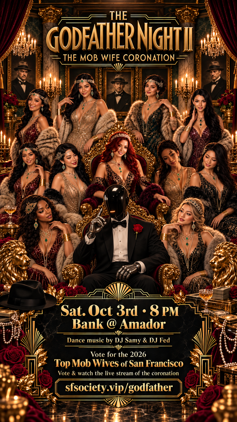 Godfather Night II concept poster: a robot in a tuxedo, bow tie and red rose, with silver hands, surrounded by glamorous Mob Wives. October 3 at 8 PM, Bank at Amador.